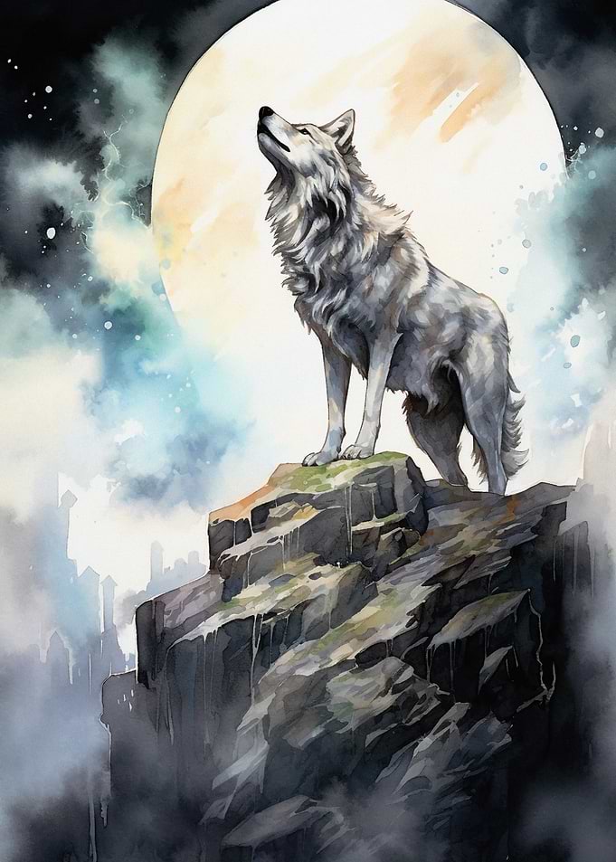Wolf Howling at the Moon Watercolor