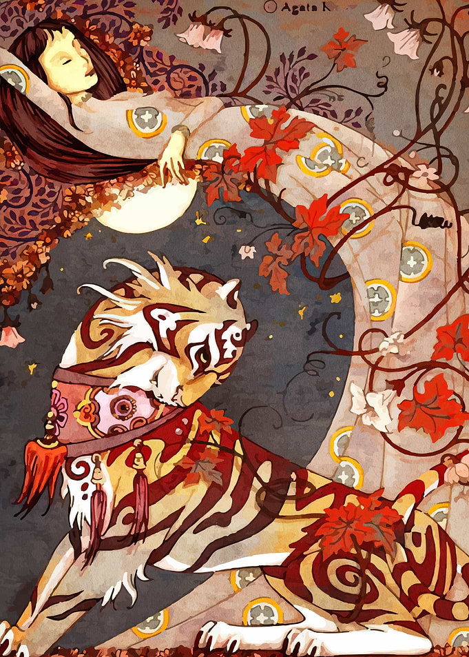 Dreaming Woman with Tiger Illustration