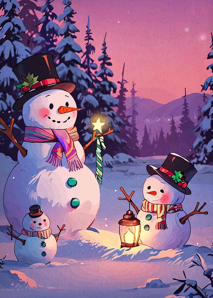 Snowman Family Winter Scene