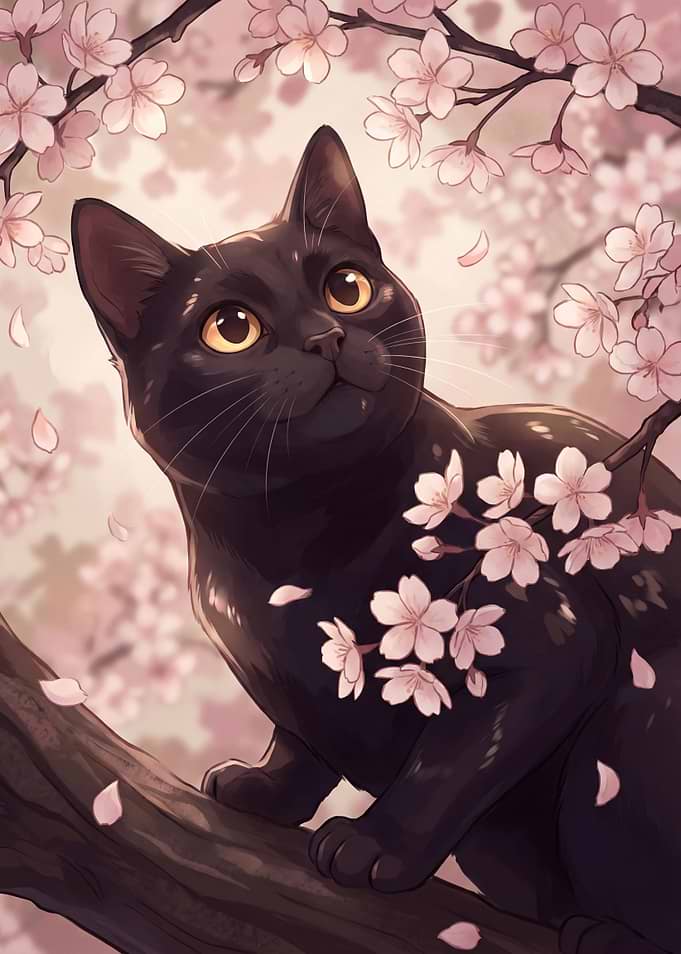 Black Cat in Cherry Blossom Tree