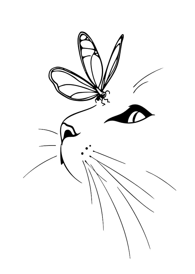 Cat with Butterfly Line Art