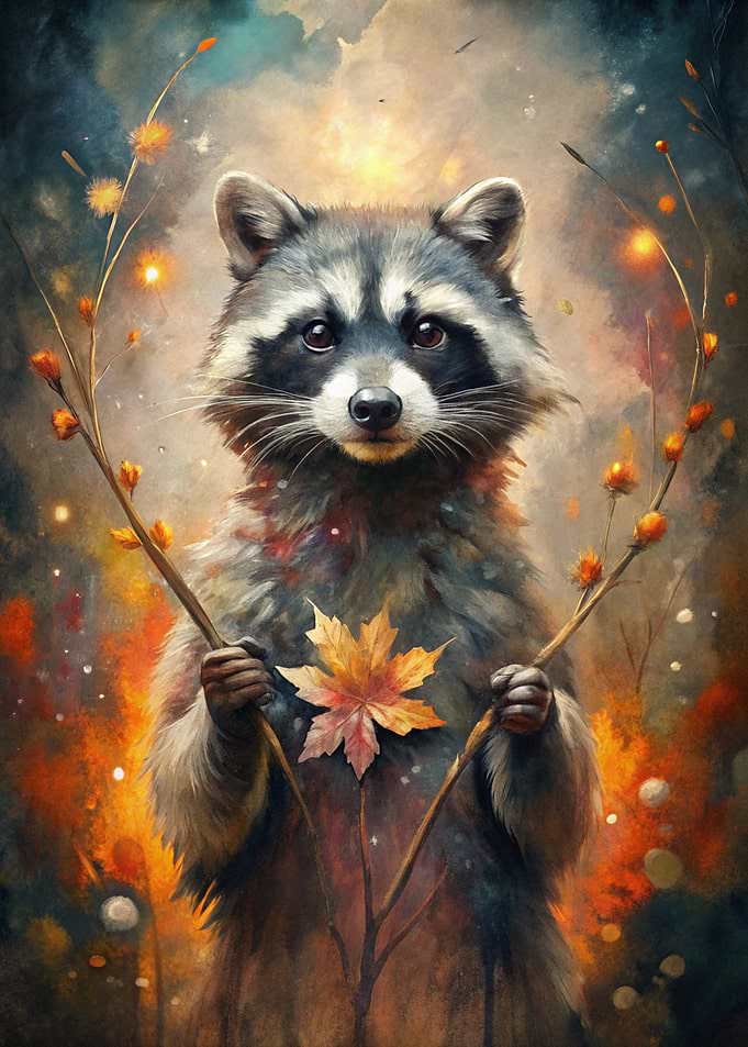 Raccoon with Autumn Leaf and Branches