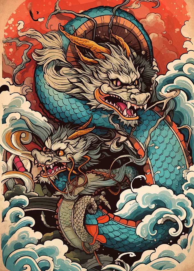 Two Dragons in Japanese Art Style