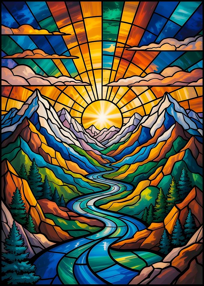 Sunlit Serenity: Stained Glass Mountains and Flowing River – Landscape Art