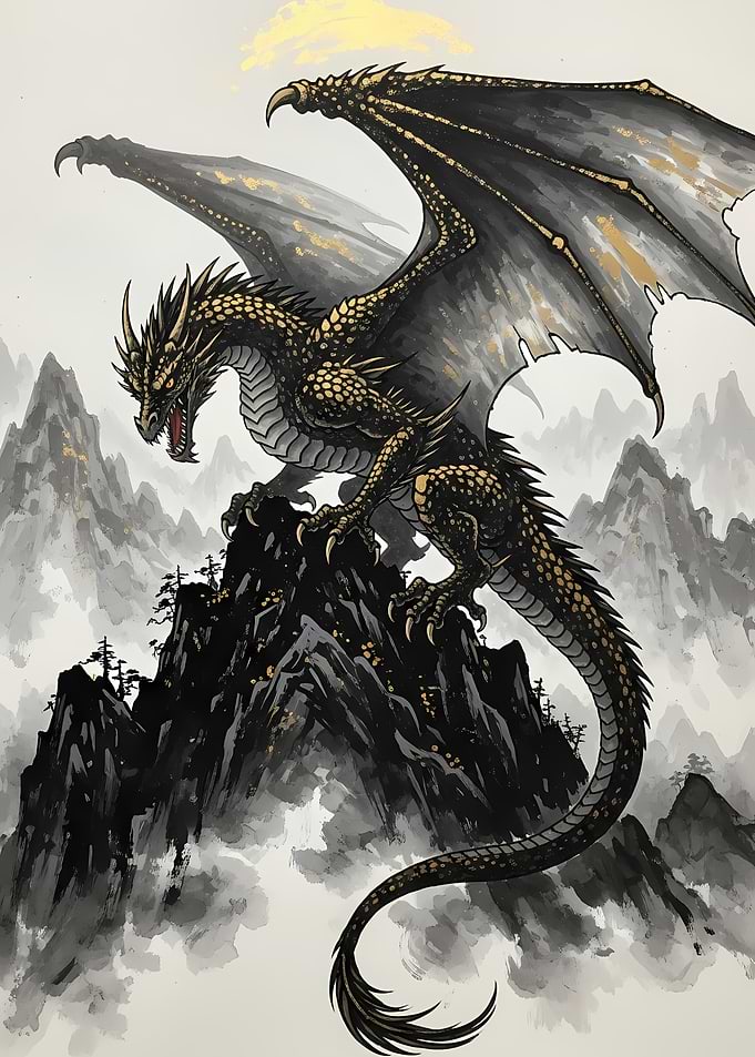 Dragon on Mountain Peak Ink Painting