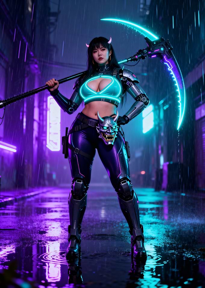 Cyberpunk Demon Girl with Neon Scythe