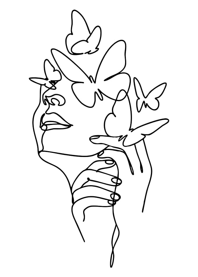 Woman with Butterflies Line Art