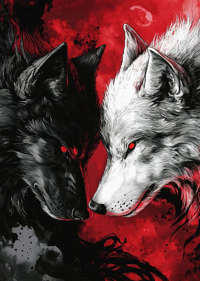 Black and White Wolves with Red Eyes