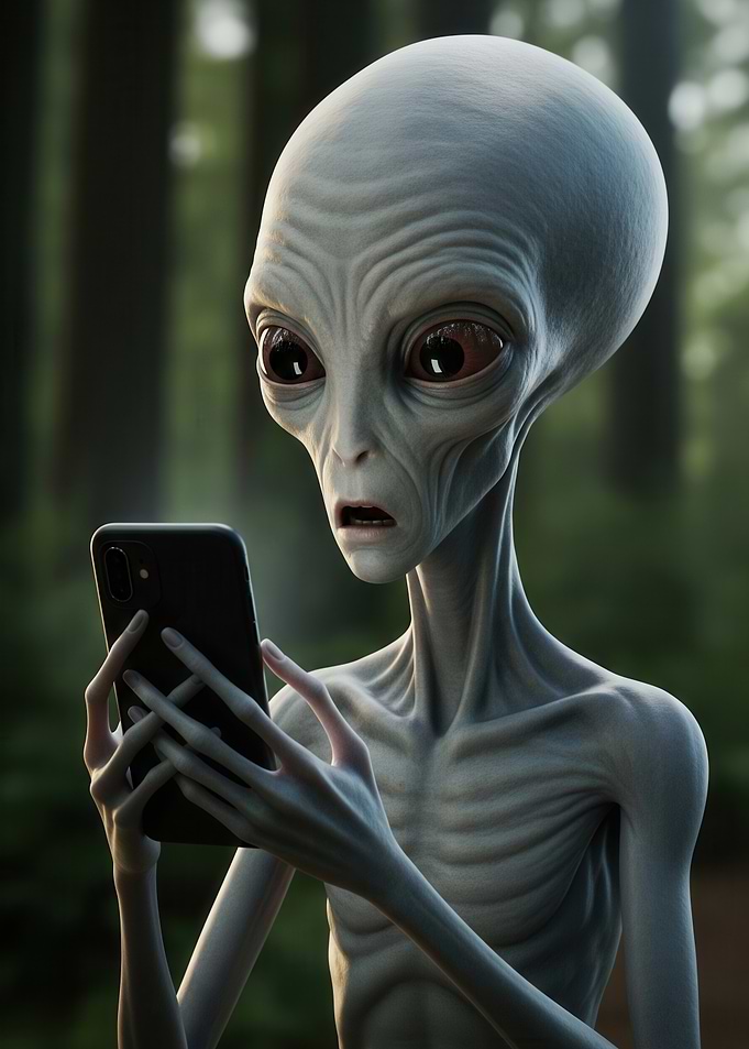 Alien Using Smartphone in Forest