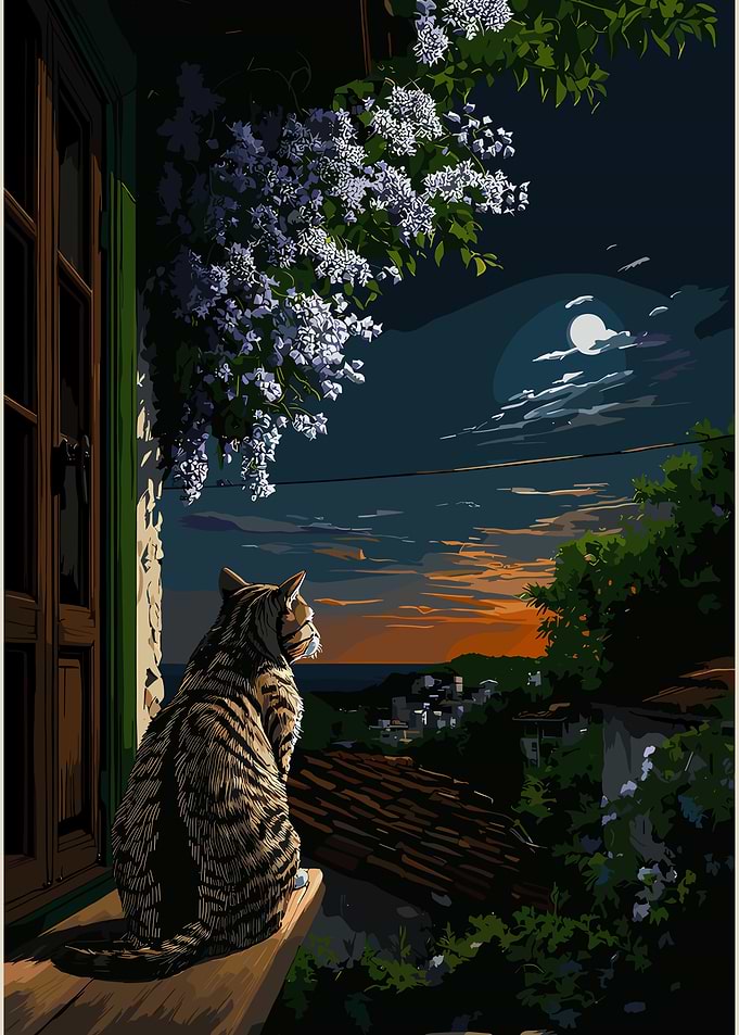 Cat gazing at sunset from window