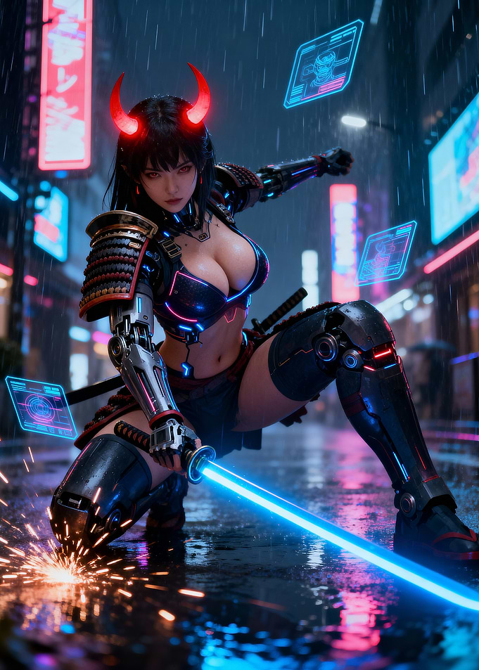 Cyberpunk Oni Samurai Girl