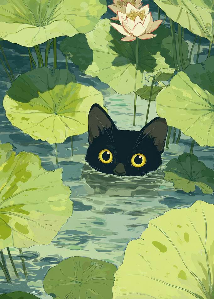 Black cat in lotus pond