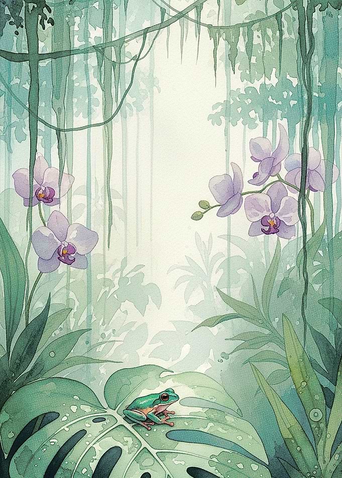 Watercolor Frog in Tropical Rainforest