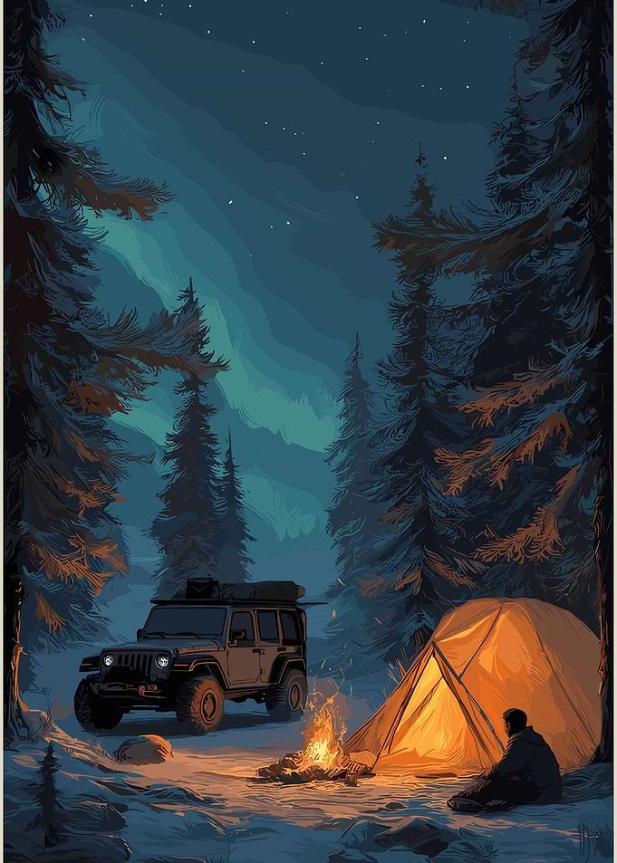 Camping Adventure with Jeep at Night