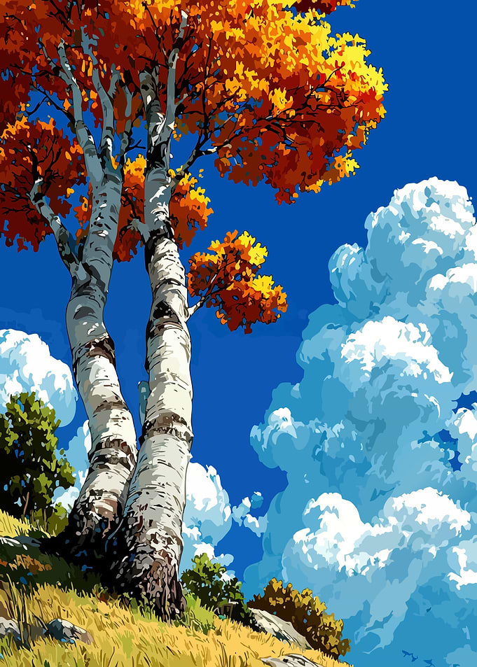 Autumn Birch Trees and Cloudy Sky