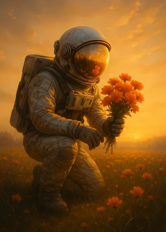 Astronaut with Flowers in Field