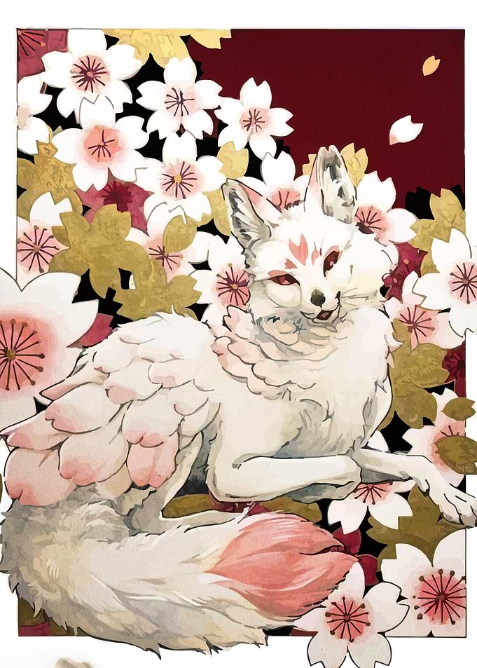 Fox spirit with cherry blossoms
