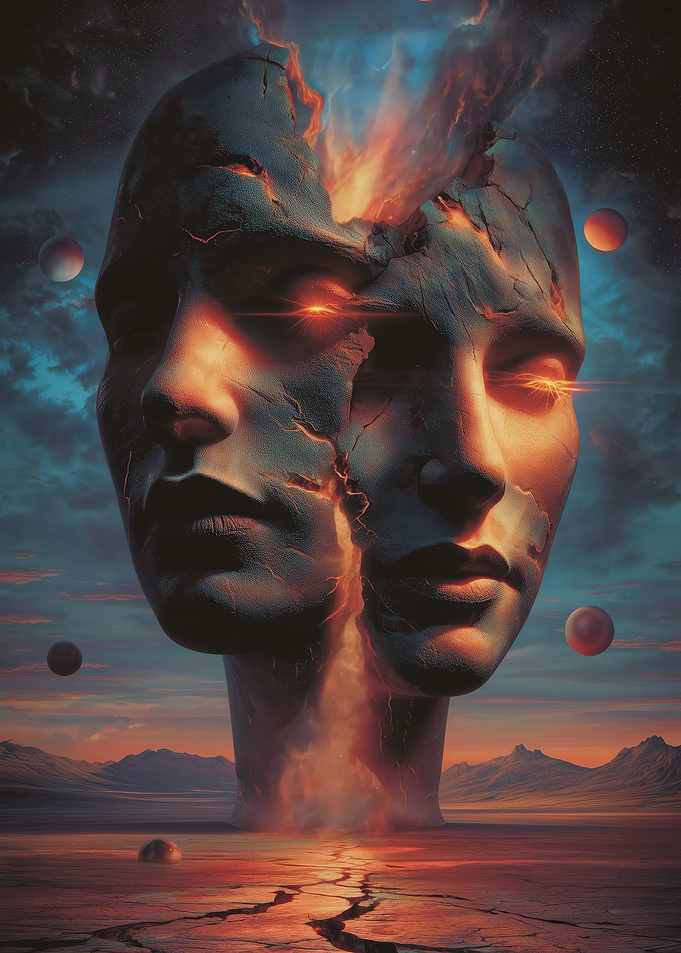 Cracked Faces in a Surreal Landscape