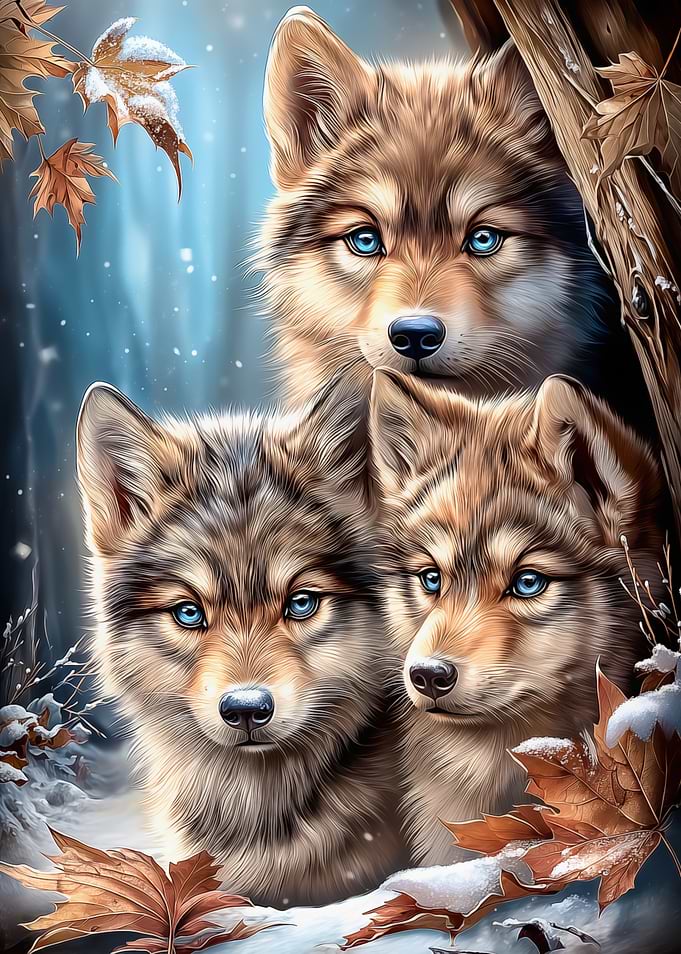 Three Wolves in Winter Forest