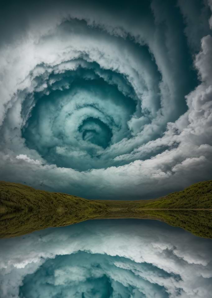 Swirling Clouds Over Green Hills