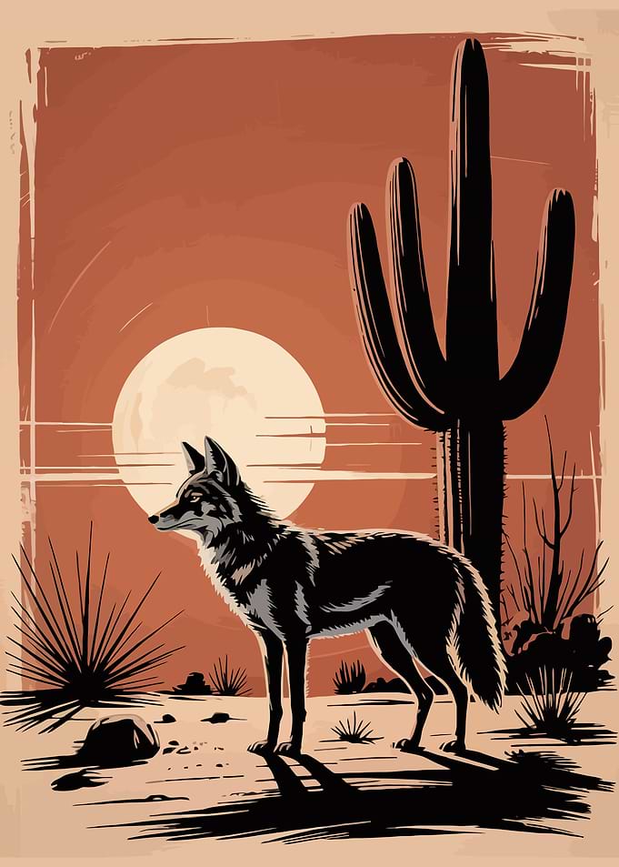 Coyote in Desert Landscape Illustration