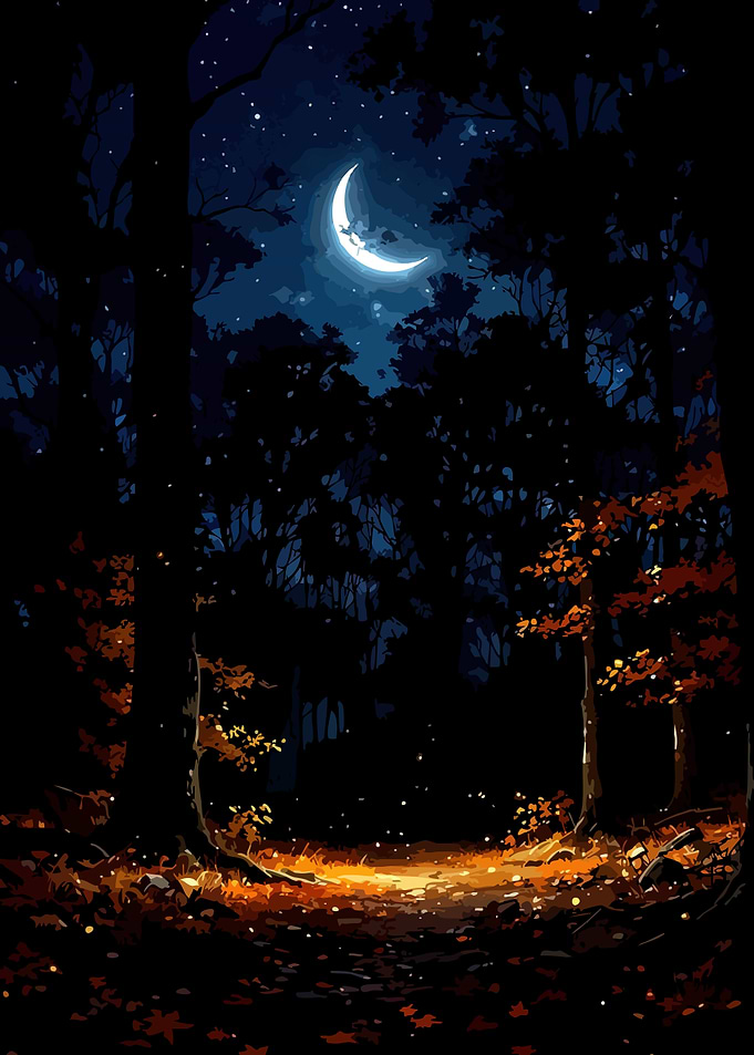 Night Forest with Crescent Moon