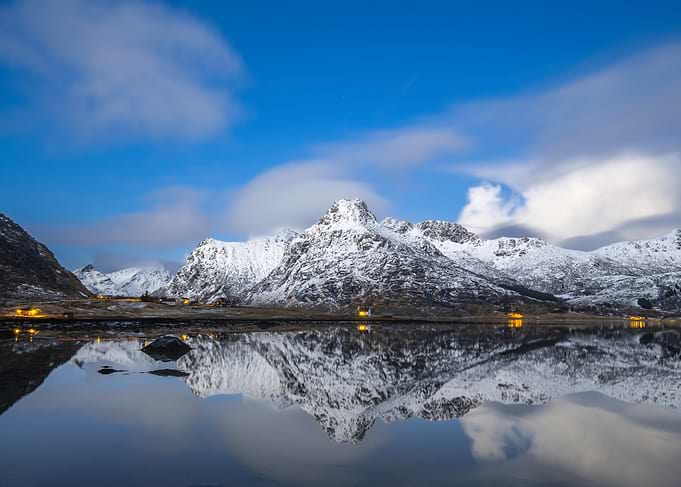 Snowy Mountains Reflection in Calm Water