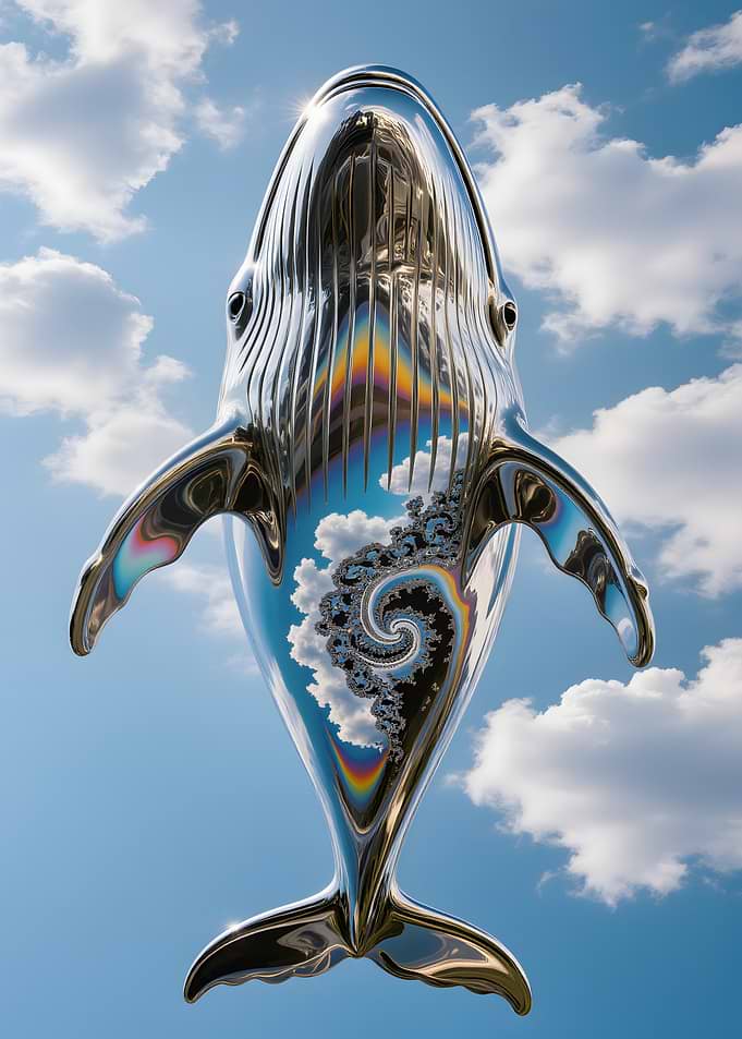 Chrome Whale Sculpture with Sky Reflection
