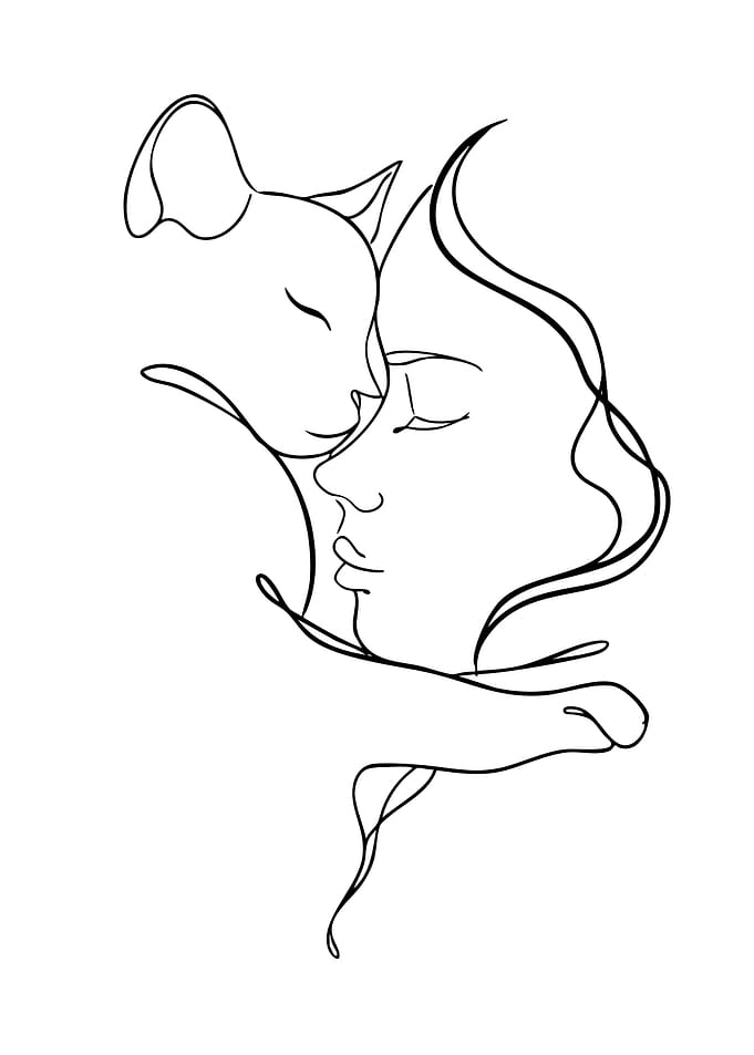 Woman and Cat Line Art