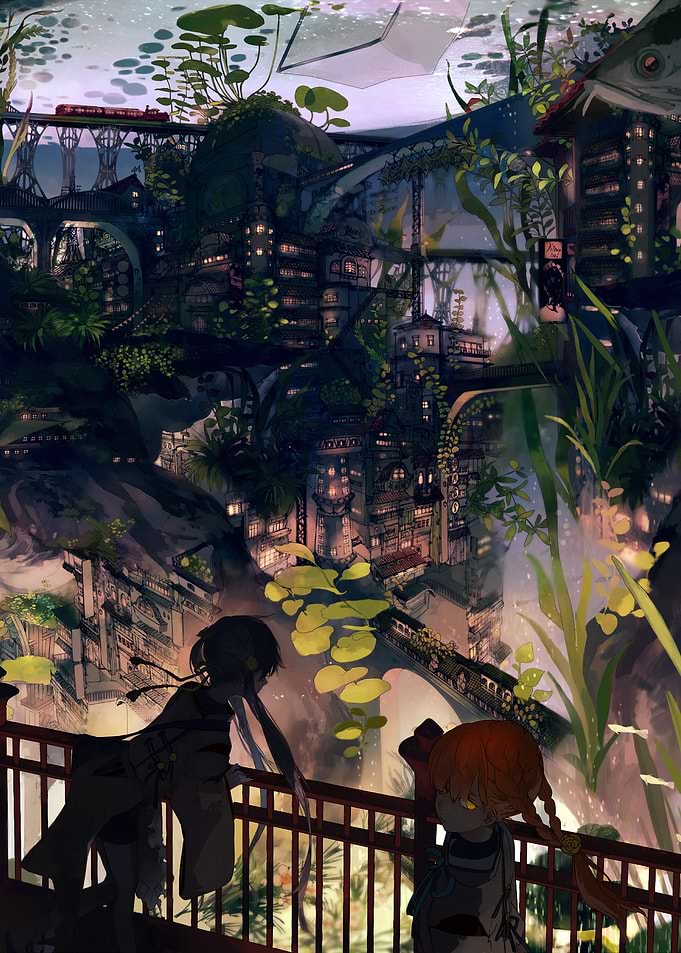 Overgrown Cityscape with Two Figures