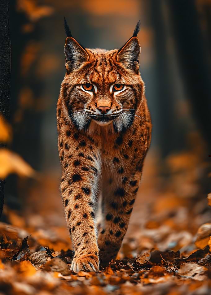 Lynx Walking Through Autumn Leaves