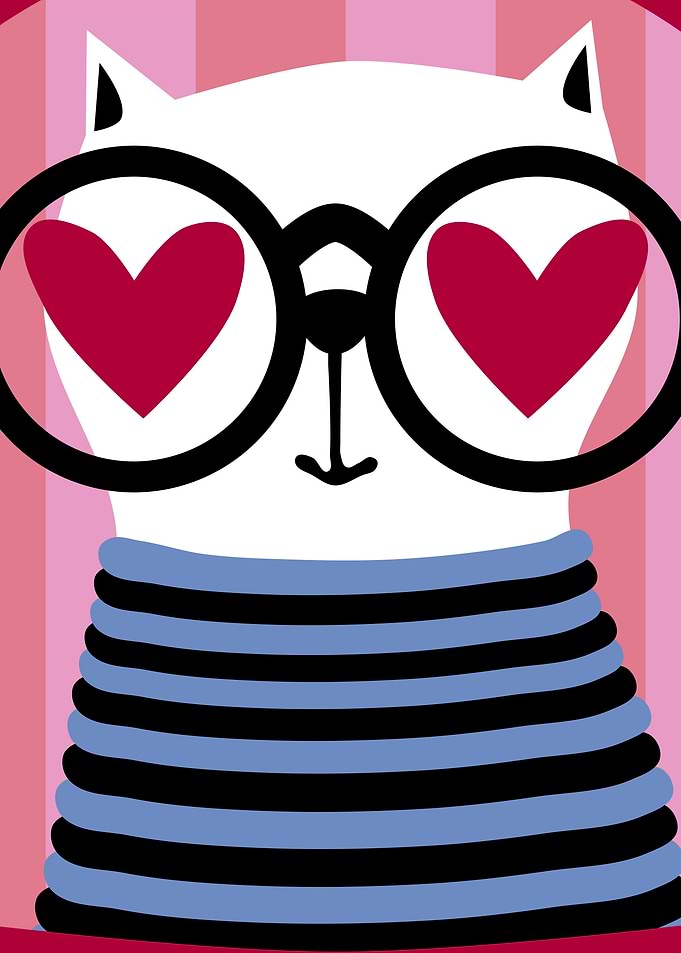 Cute Fashion Cat in Glasses with Heart Shape Eyes