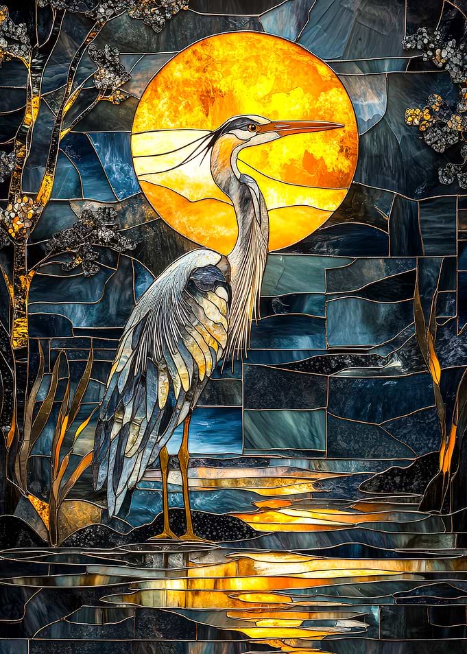 Heron and Moon Stained Glass Art