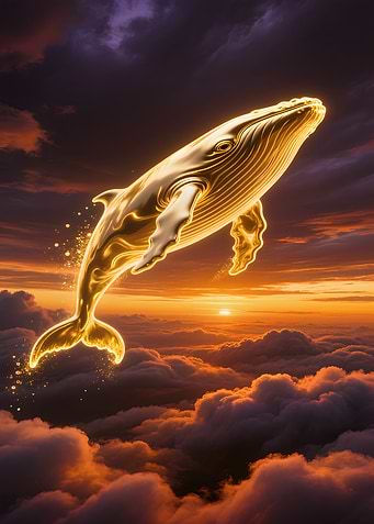 Golden Whale Flying Above Clouds