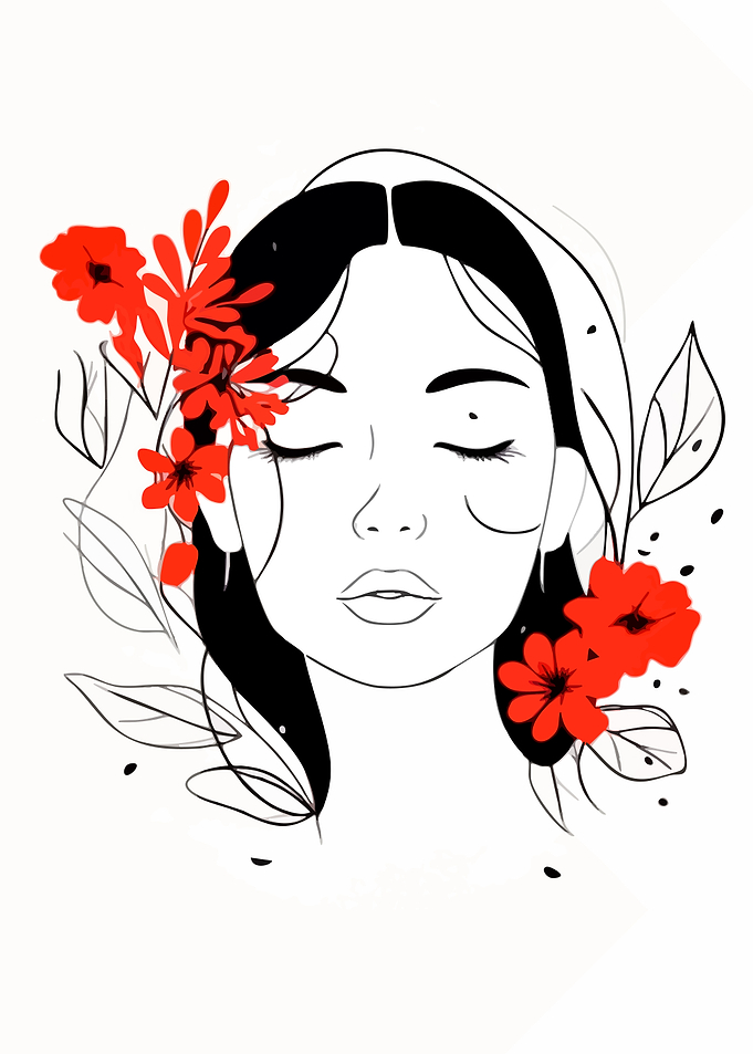 Woman with Red Flowers Line Art