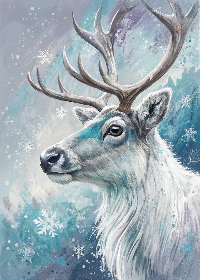 Winter Reindeer Portrait with Snowflakes