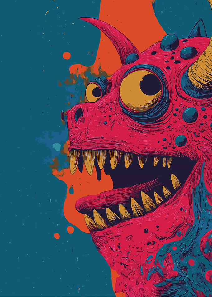 Cartoon Monster with Horns and Teeth