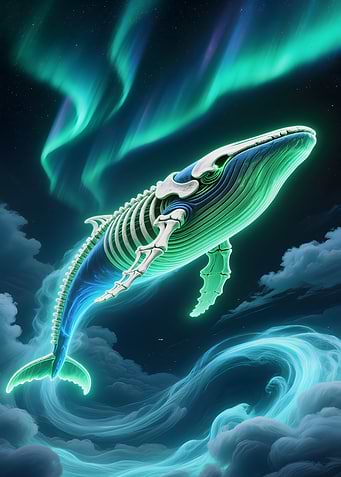 Skeletal Whale Under Aurora Borealis