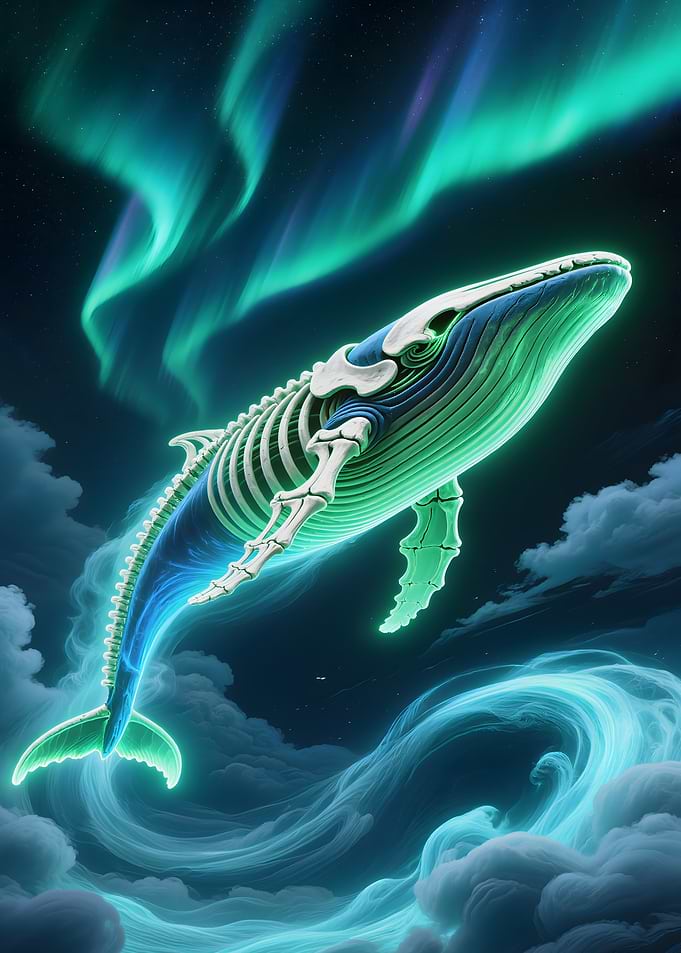 Skeletal Whale Under Aurora Borealis