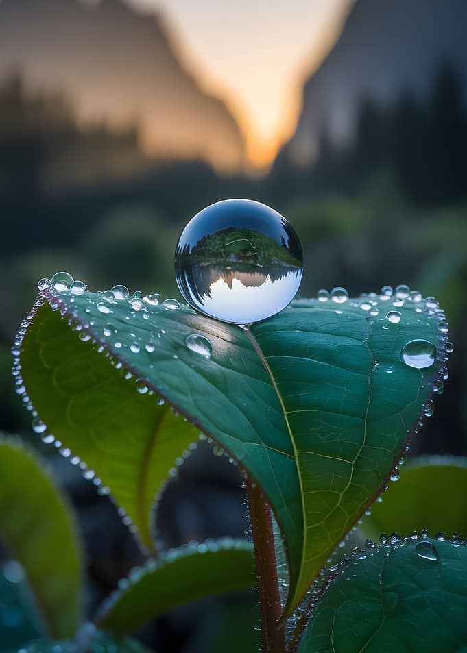 Crystal ball on leaf with dew