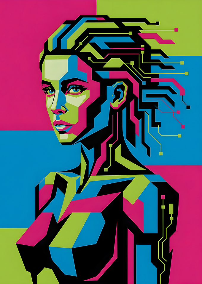 Neon Fusion Cybernetic Portrait in Vibrant Geometric Style Cyberpunk Digital Art