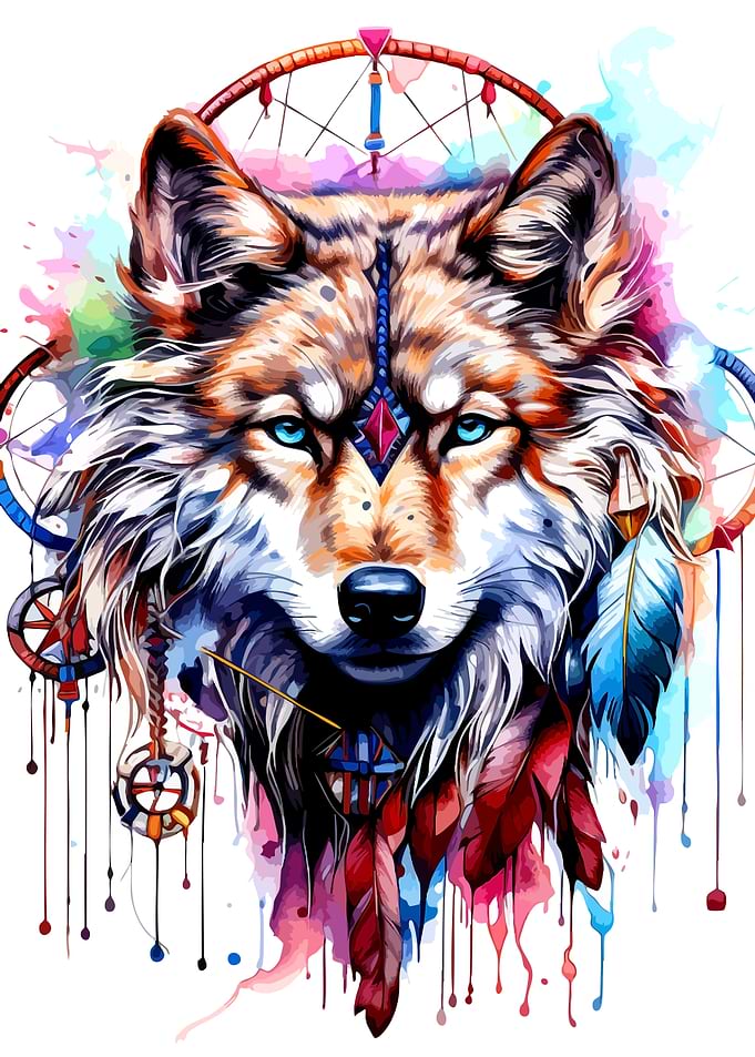 Watercolor Wolf with Dreamcatcher