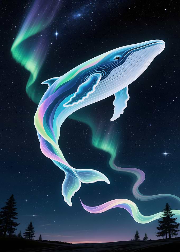 Whale in Aurora Borealis Sky