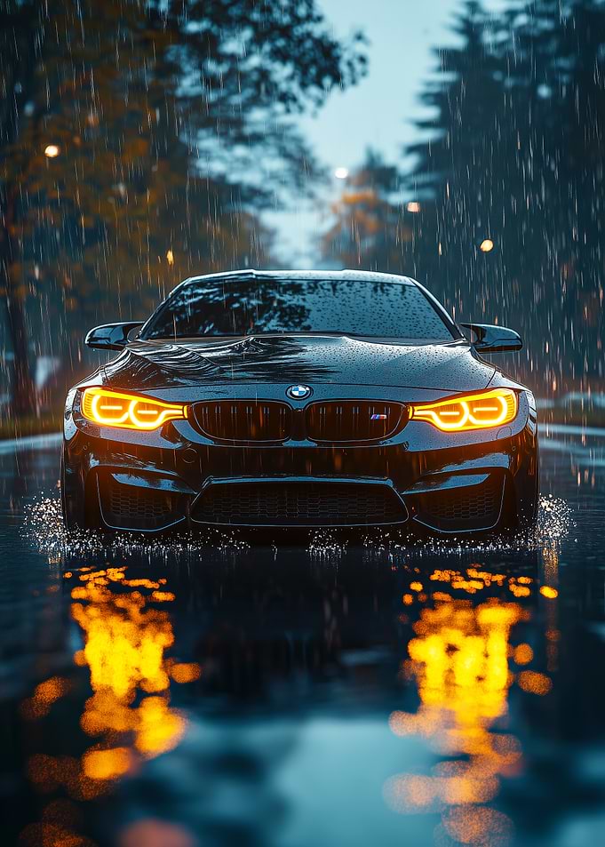 Black BMW in the Rain