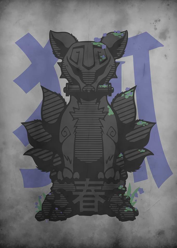 Fox Statue KISTUNE with Japanese Character