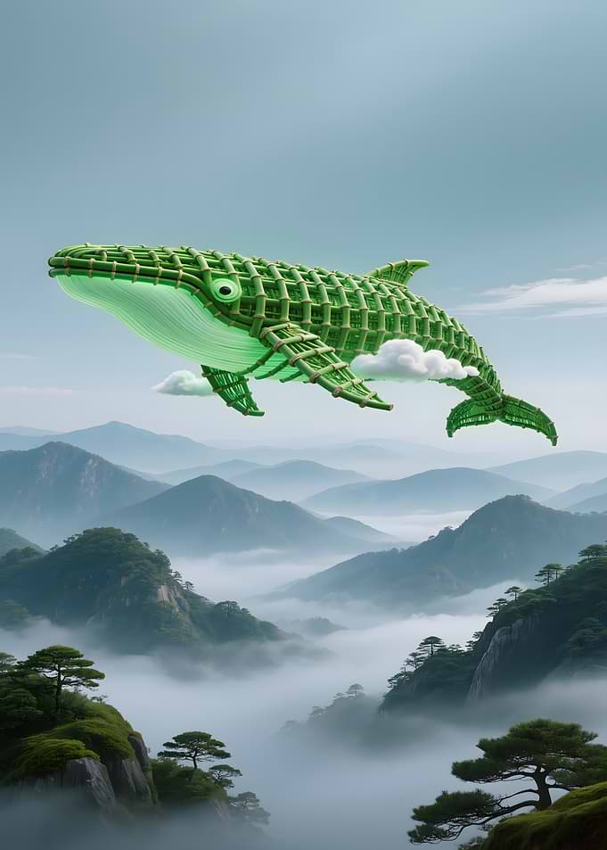 Bamboo Whale Flying Over Mountains