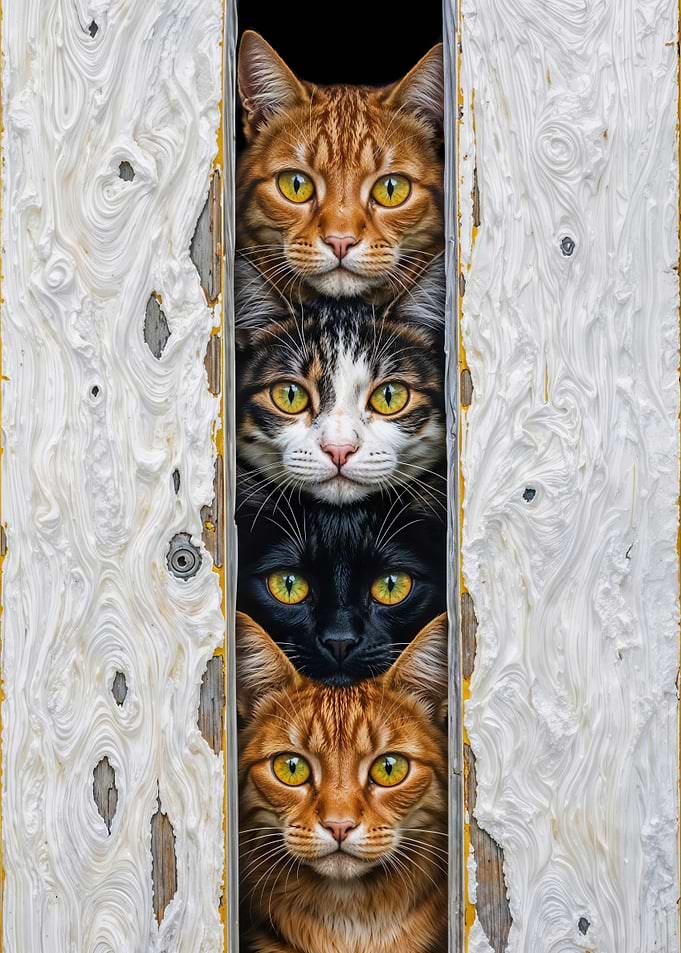 Four Cats Peeking Through Door