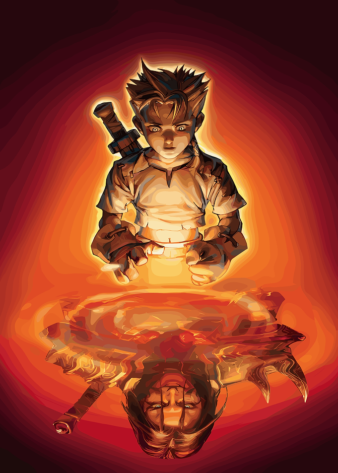 Boy and Reflection in Fiery Light