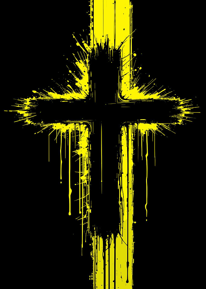Grunge Yellow Cross on Black Background