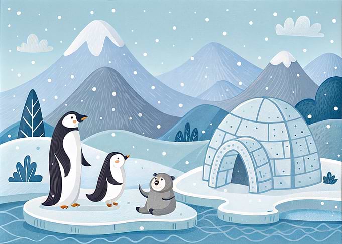 Penguins and Bear in Arctic Igloo Landscape